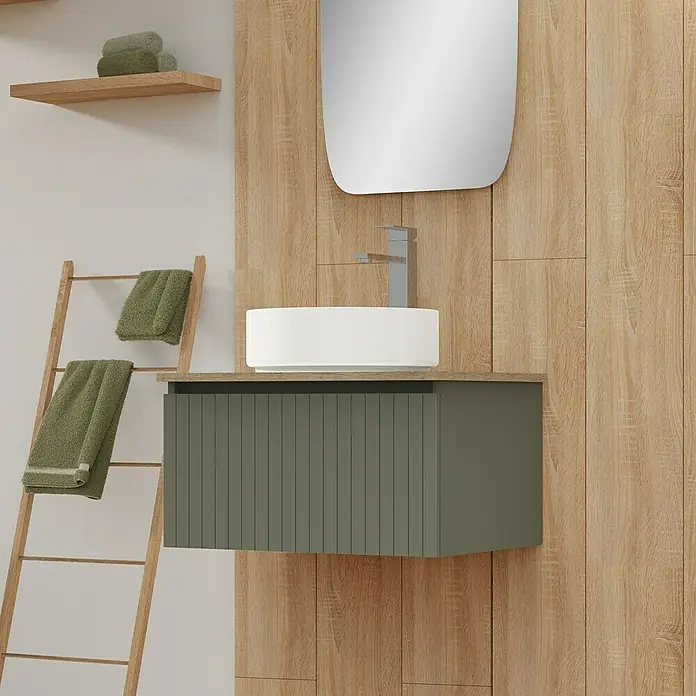 Artysan Conjunto de mueble de baño Yako - Ancho: 60 cm, Verde musgo, 3 pzs. - Mueble de baño moderno con paneles de madera y estante escalera para toallas.