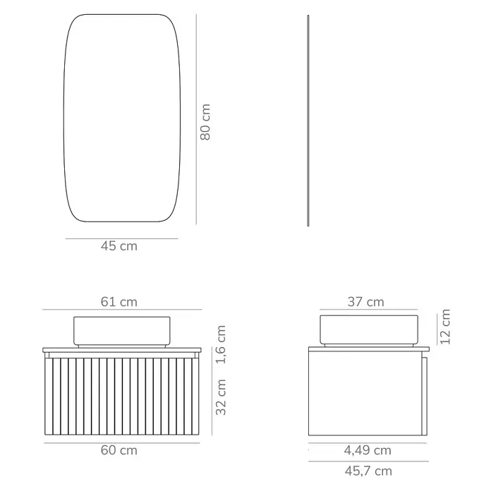 Artysan Conjunto de mueble de baño Yako - Ancho: 60 cm, Negro, 3 pzs. - Una vista superior de las dimensiones de un mueble de baño con lavabo y un espejo con dimensiones 80x45 cm.