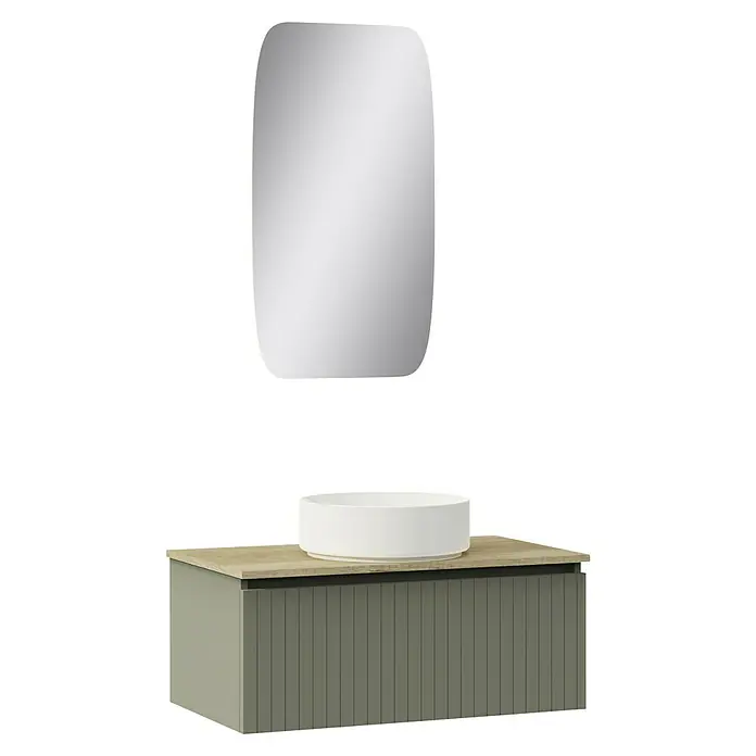 Artysan Conjunto de mueble de baño Yako - Ancho: 80 cm, Verde musgo, 3 pzs. - Un mueble de baño con un lavabo redondo y un espejo rectangular, que muestra un diseño de mueble de baño moderno y elegante.