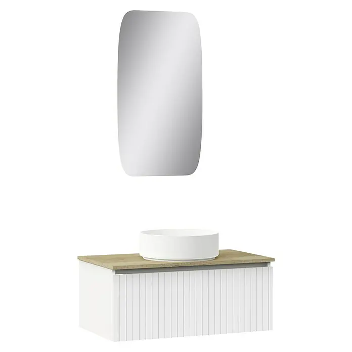 Artysan Conjunto de mueble de baño Yako - Ancho: 80 cm, Blanco seda, 3 pzs. - Un tocador moderno con un gabinete blanco, una tapa de madera clara y un lavabo redondo, junto con un espejo redondeado.