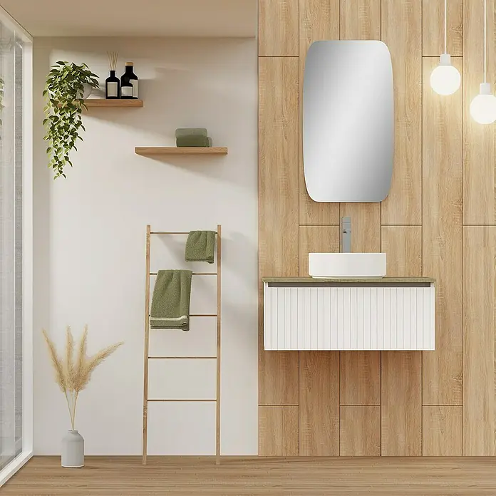 Artysan Conjunto de mueble de baño Yako - Ancho: 80 cm, Blanco seda, 3 pzs. - Baño luminoso con mueble de lavabo con encimera de madera, mueble blanco, espejo ovalado y elementos decorativos para un ambiente armonioso.