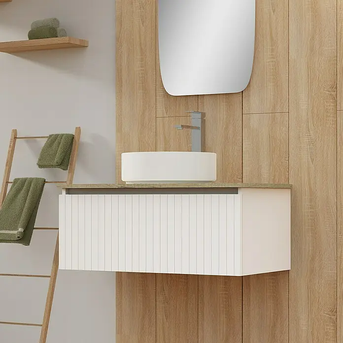 Artysan Conjunto de mueble de baño Yako - Ancho: 80 cm, Blanco seda, 3 pzs. - Elegante baño con tocador blanco moderno con encimera de madera y lavabo sobre encimera. Un espejo y una escalera toallero complementan el diseño.