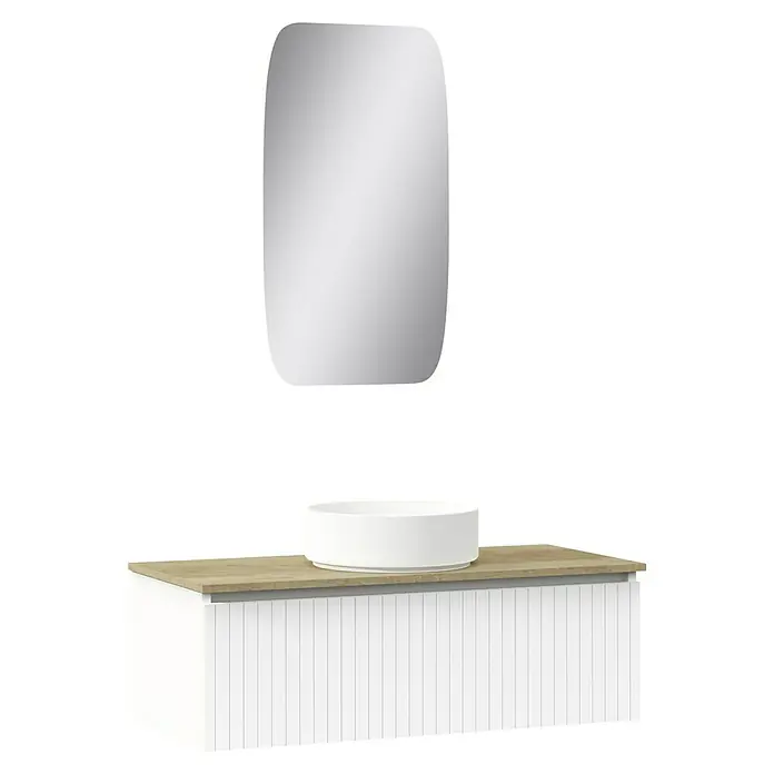 Artysan Conjunto de mueble de baño Yako - Ancho: 100 cm, Blanco seda, 3 pzs. - Conjunto de baño con un lavabo sobre encimera blanco sobre una mesa de madera y un espejo rectangular.
