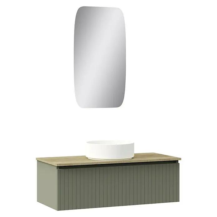 Artysan Conjunto de mueble de baño Yako - Ancho: 100 cm, Verde musgo, 3 pzs. - Un moderno tocador con lavabo sobre encimera y espejo, ideal para baños elegantes. La combinación de madera y color es elegante.