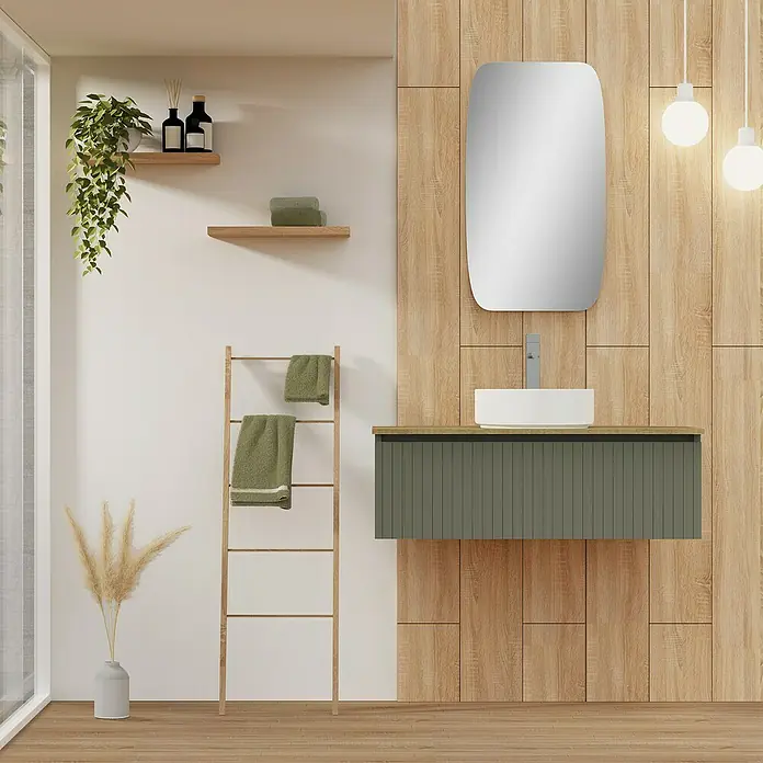 Artysan Conjunto de mueble de baño Yako - Ancho: 100 cm, Verde musgo, 3 pzs. - Elegante interior de baño con un moderno tocador verde, espejo elegante y elementos decorativos.