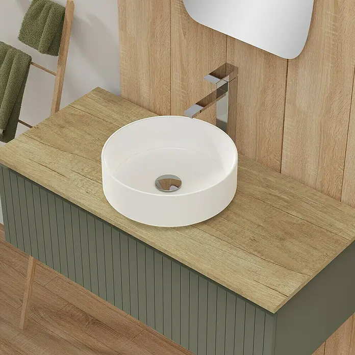 Artysan Conjunto de mueble de baño Yako - Ancho: 100 cm, Verde musgo, 3 pzs. - Baño moderno con lavabo redondo sobre encimera, grifo y detalles en madera para un ambiente elegante y contemporáneo.