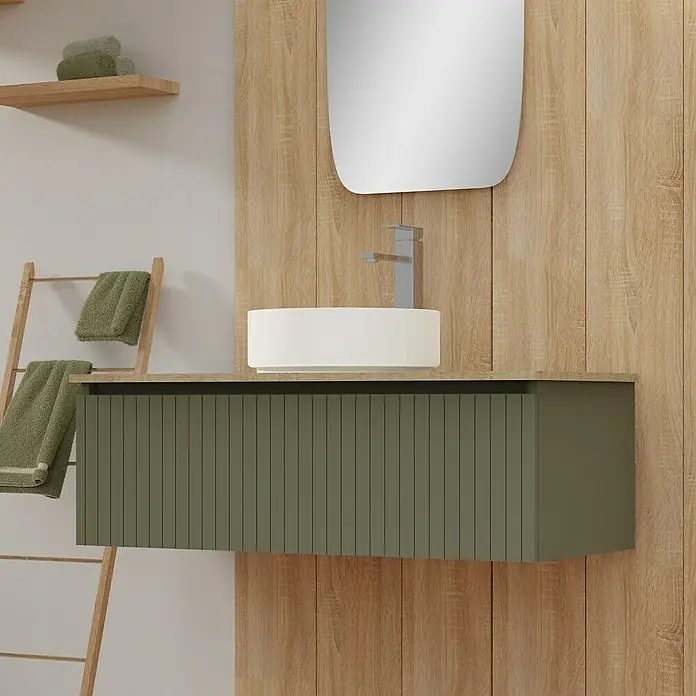 Artysan Conjunto de mueble de baño Yako - Ancho: 100 cm, Verde musgo, 3 pzs. - Lavabo moderno de baño con mueble verde oliva y lavabo redondo sobre encimera. Diseño contemporáneo para tu baño.
