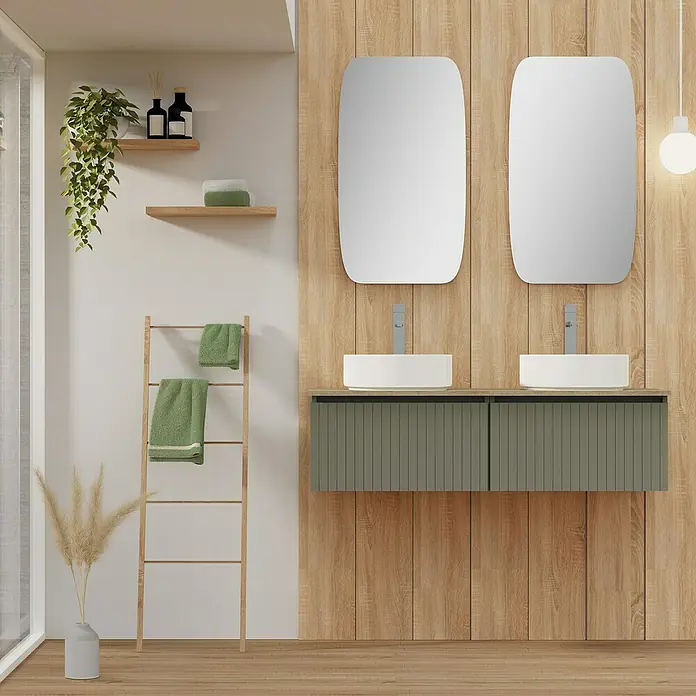 Artysan Conjunto de mueble de baño Yako - Verde musgo, 5 pzs. - Interior de baño con doble lavabo, espejos rectangulares y detalles de madera para un ambiente cálido y moderno.