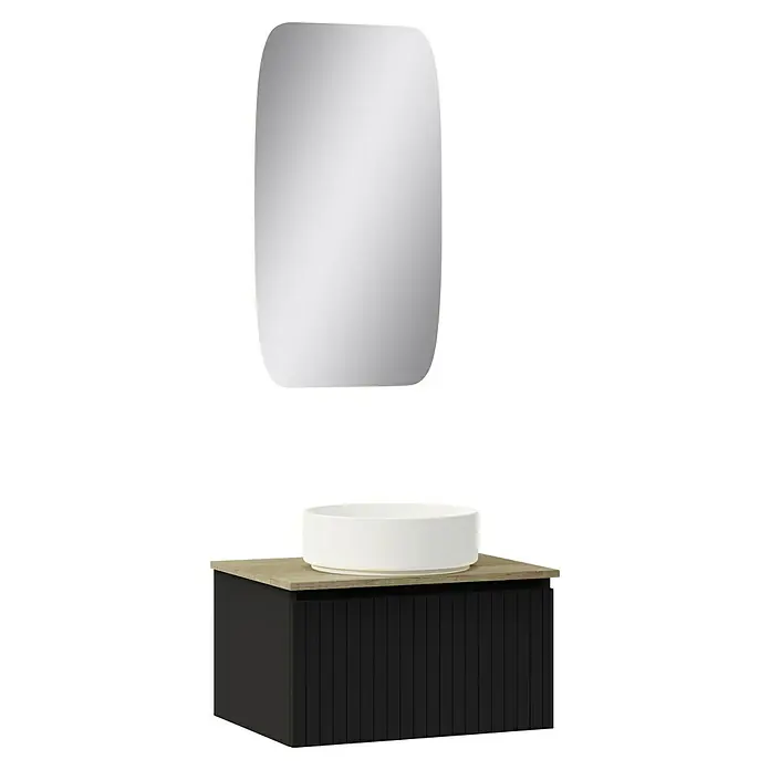 Artysan Conjunto de mueble de baño Yako - Ancho: 60 cm, Negro, 3 pzs. - Un moderno conjunto de baño con un espejo redondeado sobre un elegante mueble de lavabo con un lavabo sobre encimera. La combinación de madera y negro añade elegancia.