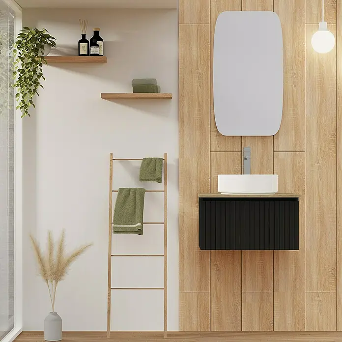 Artysan Conjunto de mueble de baño Yako - Ancho: 60 cm, Negro, 3 pzs. - Un baño elegante con un moderno mueble de lavabo negro y un espejo a juego, acentuado por cálidos elementos de madera.