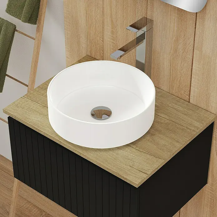 Artysan Conjunto de mueble de baño Yako - Ancho: 60 cm, Negro, 3 pzs. - Lavabo de baño moderno con elementos de madera y grifo. El lavabo de encimera redondo es un punto focal.