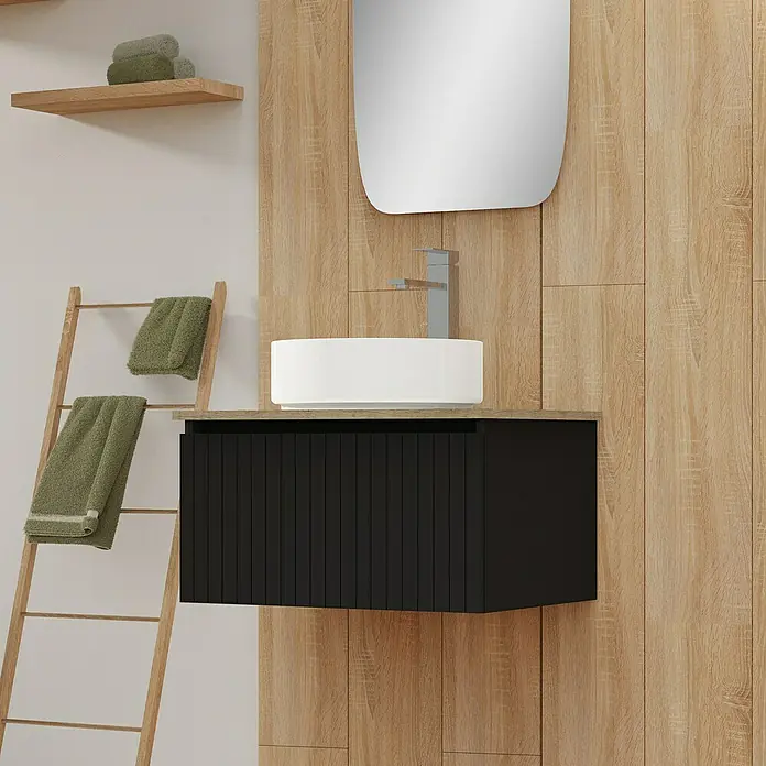 Artysan Conjunto de mueble de baño Yako - Ancho: 60 cm, Negro, 3 pzs. - Esta imagen muestra un tocador moderno con un gabinete negro y un lavabo redondo, perfecto para un baño elegante.