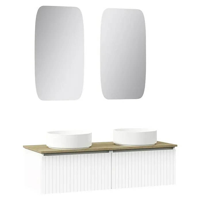 Artysan Conjunto de mueble de baño Yako - Blanco seda, 5 pzs. - Configuración de baño moderna con mueble de lavabo, dos lavabos de sobre encimera y espejos a juego para un ambiente elegante.