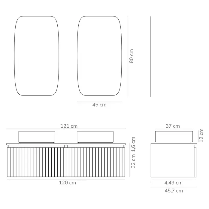 Artysan Conjunto de mueble de baño Yako - Verde musgo, 5 pzs. - Esquema detallado de un conjunto de muebles de baño moderno con unidad de tocador y espejos, incluidas las medidas.