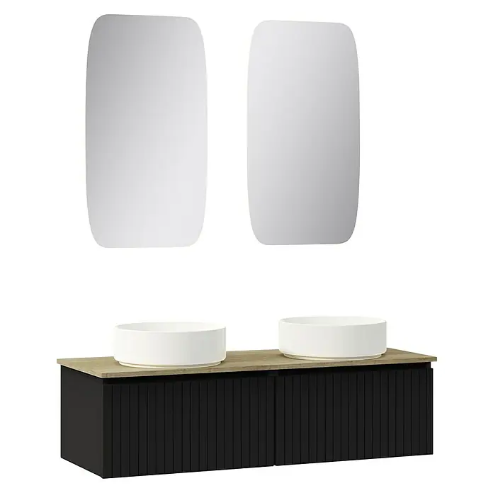 Artysan Conjunto de mueble de baño Yako - Negro, 5 pzs. - Mueble de baño doble con dos lavabos redondos sobre encimera y dos espejos verticales para un diseño de baño moderno.