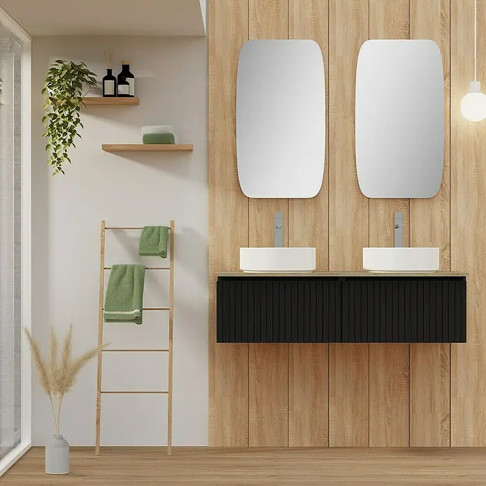 Artysan Conjunto de mueble de baño Yako - Negro, 5 pzs. - Un elegante diseño de baño con tocador doble, espejos y detalles en madera, que crea una estética moderna y natural.