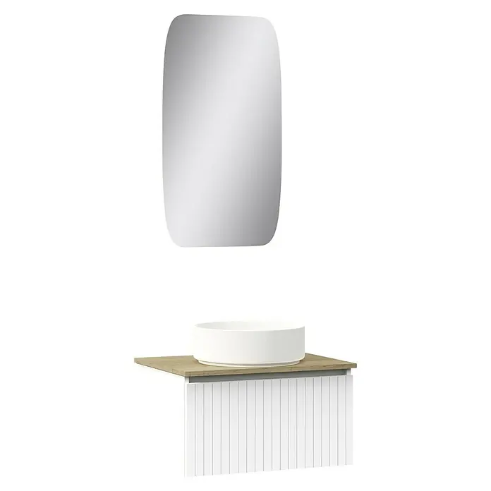 Artysan Conjunto de mueble de baño Yako - Ancho: 60 cm, Blanco seda, 3 pzs. - Un moderno conjunto de baño con un lavabo sobre encimera blanco sobre un mueble y un espejo de esquinas redondeadas.