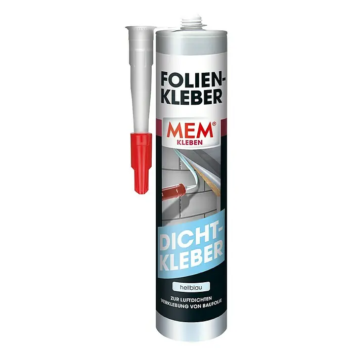 MEM Folienkleber - 315 g, Kartusche - MEM Folienkleber & Dicht-Kleber hellblau. Der Spezialist für luftdichte Verklebung von Baufolien, ideal für innen und außen.