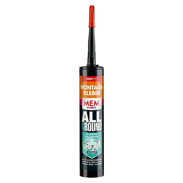 MEM Montagekleber ALLGRUND 3in1 - Schwarz, 430 g - Eine Tube MEM All Ground Montagekleber in Schwarz, ein 3-in-1-Klebstoff zum Kleben, Abdichten und Füllen für alle Untergründe innen und außen.