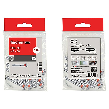 Fischer Anclaje metálico FSL (Ø x L: 10 x 60 mm, M 8, 16 ud.)