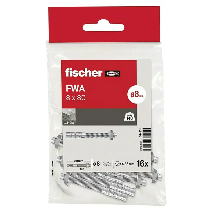 Fischer Perno de anclaje para cargas pesadas FWA - Ø x L: 8 x 80 mm, 16 ud. - Un paquete de anclajes Fischer FWA 8x80, ideales para fijaciones seguras en hormigón, con una carga máxima de 140 kg.