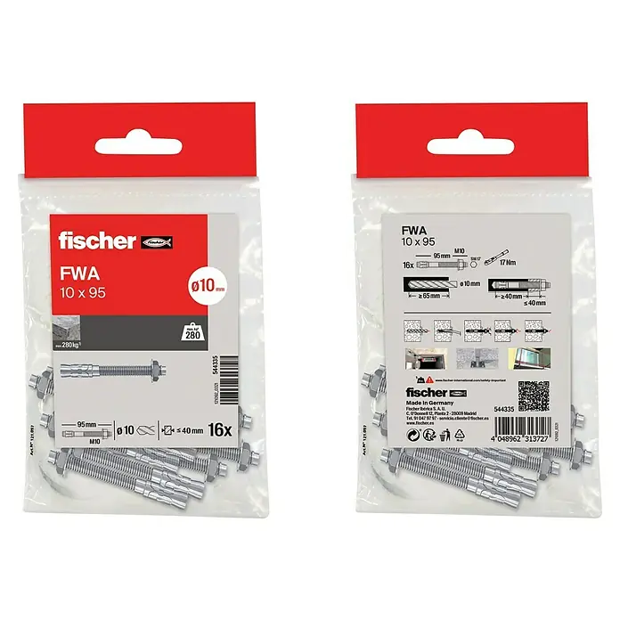 Fischer Perno de anclaje para cargas pesadas FWA - Ø x L: 10 x 95 mm, 16 ud. - Imagen de dos paquetes de anclajes Fischer FWA 10 x 95, mostrando los detalles y aplicaciones del producto.