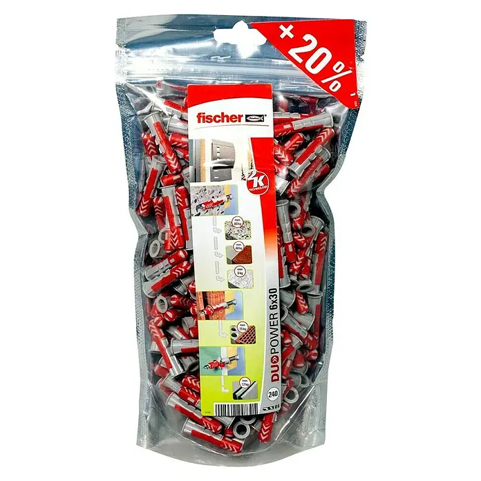 Fischer Duopower Set de tacos Big Pack - Ø x L: 6 x 30 mm, Nylon, 240 ud. - Una bolsa grande de tacos fischer DUOPOWER 6x30, ideal para fijar diversos objetos a las paredes. Práctico juego de 240 unidades con un 20% extra.