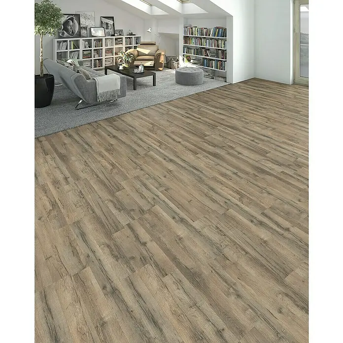 Living by Haro Laminatmuster Sonderedition Graphiteiche290 x 193 x 7 mm, 2-Stab - Einladendes Wohnzimmer mit stilvollem Holzboden, der Wärme und Eleganz ausstrahlt. Die perfekte Ergänzung für ein gemütliches Zuhause.