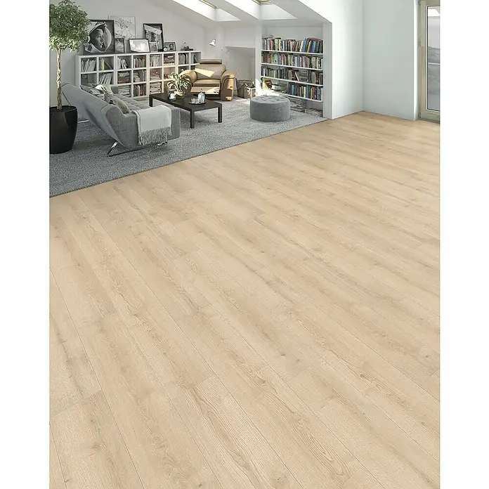 Living by Haro Laminat NKL32 - Eiche Langley creme, Landhausdiele, 1.282 x 193 x 7 mm - Helles Laminatboden-Design für moderne Wohnräume, das eine warme und einladende Atmosphäre schafft.