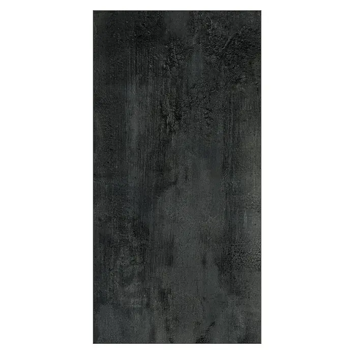LOGOCLIC Designbodenmuster Element Flex Dark Tile - 297 x 322 x 7 mm, Fliesenoptik - Nahaufnahme einer strukturierten schwarzen Fliese, die ein robustes, industrielles Aussehen für moderne Innenräume bietet.