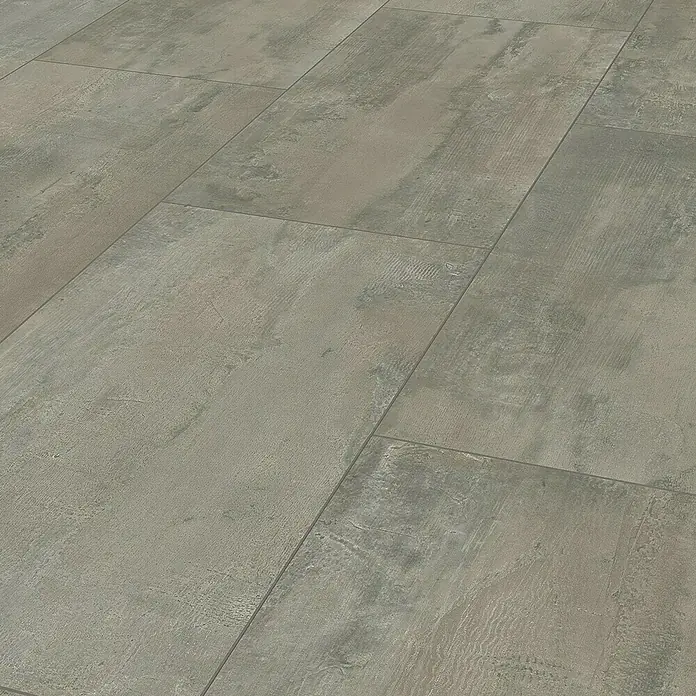 LOGOCLIC Designboden Element Flex - Vibe Tile, Fliese, 638 x 322 x 7 mm - Nahaufnahme von grauem Vinylboden mit Betonoptik, der die moderne Eleganz und Strapazierfähigkeit dieses Bodenbelags hervorhebt.
