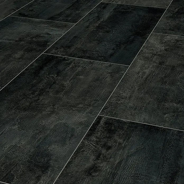 LOGOCLIC Designbodenmuster Element Flex Dark Tile - 297 x 322 x 7 mm, Fliesenoptik - Dunkle Bodenfliesen mit matter Textur und subtilen Maserungen, die eine moderne und elegante Atmosphäre schaffen.