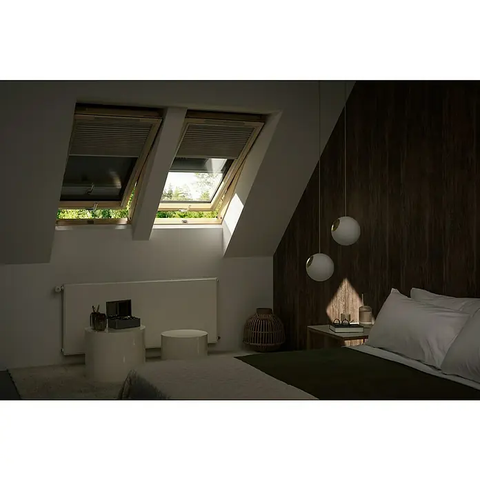Velux Hitzeschutz-Markise Solar SSS - Passend für Fenstertyp: GGU, GGL, GPU, GPL, GHU, GHL, Passend für Fenstergröße: PK06, P06 - Helles Schlafzimmer mit Dachfenstern, die natürliches Licht hereinlassen. Die Fenster verfügen über Jalousien für zusätzlichen Komfort und Privatsphäre.