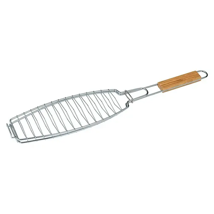 Grillstar Fisch- & Gemüsehalter - Länge: 56 cm - Das Bild zeigt einen silbernen Fischbräter mit Holzgriff, ideal zum Grillen von Fisch und Gemüse. Ein praktisches Küchenutensil.