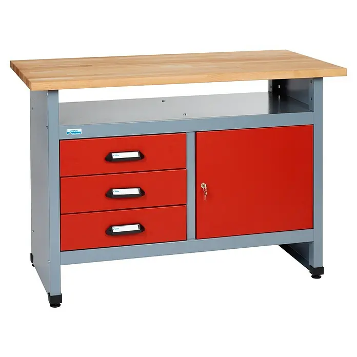 Küpper Werkbank - L x B: 60 x 120 cm, Arbeitshöhe: 84 cm, Belastbarkeit: 300 kg, Rot/Silbergrau, Anzahl Schubladen: 3 Stk. - Werkbank mit Holzplatte, drei Schubladen und einem roten Schrankfach, ideal für Werkstatt und Handwerk.