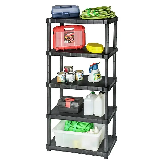 Regalux Kunststoffregal - H x B x T: 188 x 80 x 40 cm, Traglast pro Boden: 50 kg, Anzahl Böden: 5 Stk., Stecken, Schwarz - Ein schwarzes Kunststoffregal mit fünf Ebenen, das verschiedene Gegenstände wie Werkzeugkisten und Farbeimer enthält.