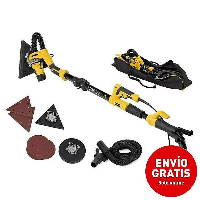PowerPlus Lijadora de pared y techo POWX0477 - 710 W, Diámetro disco de lija: 225 mm - Lijadora de pared telescópica amarilla y negra con cabezales de lijado triangular y circular, hojas, manguera de aspiración y bolsa.