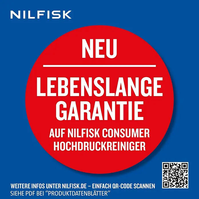 Nilfisk Hochdruckreiniger Premium 190-12 EU - 190 bar, 3.300 W, Fördermenge: 650 l/h - Nilfisk-Werbung mit lebenslanger Garantie auf Nilfisk Consumer Hochdruckreiniger, QR-Code für weitere Informationen.