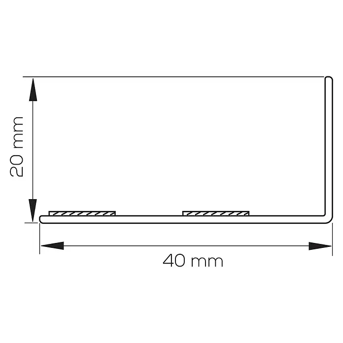 Primo Winkelprofil - 2,17 m x 40 mm x 20 mm, Weiß, Flexibel - Technische Zeichnung eines L-förmigen Profils mit den Maßen 40 mm Breite und 20 mm Höhe, dargestellt in Schwarz und Weiß.