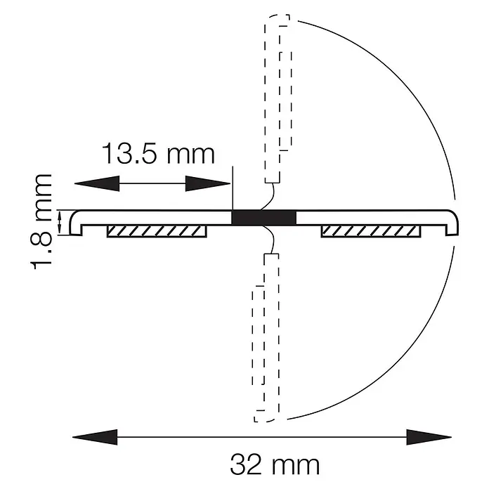 Primo Faltleiste - 1,37 m x 16 mm x 16 mm, Weiß - Eine technische Zeichnung eines 32mm breiten und 1,8mm hohen Profils mit den Maßen 13,5 mm.