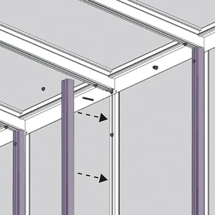Vitavia Pavillon-Nachrüstsatz Helena 10200 - Passend für: Vitavia Gewächshaus Helena 10200, Aluminium - Detailansicht einer Deckenkonstruktion mit vertikalen Stützen und Pfeilen, die die Ausrichtung der Bauelemente zeigen.