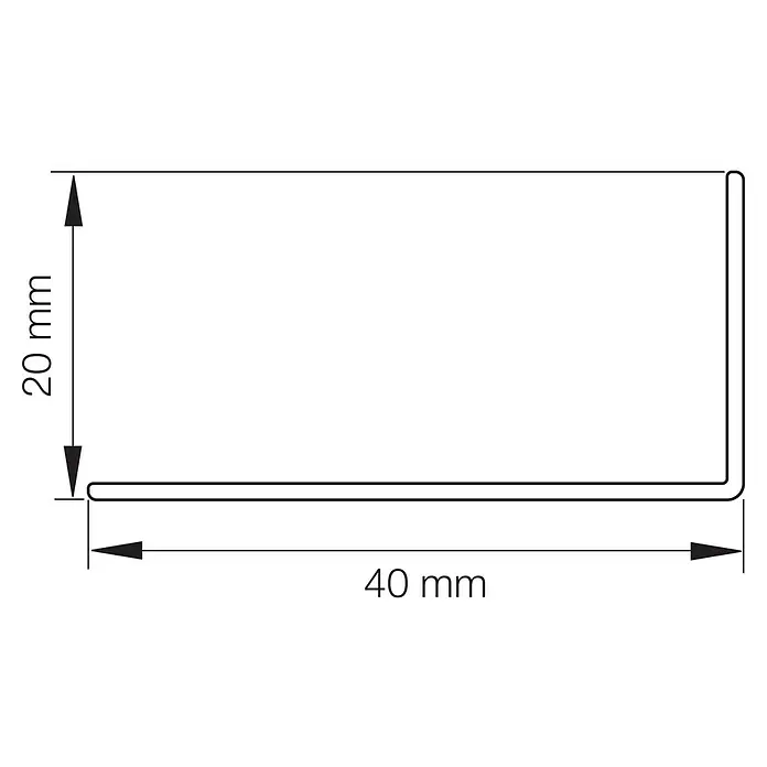 Primo Winkelprofil - 1,47 m x 40 mm x 20 mm, Weiß - Produktskizze eines L-förmigen Profils mit Maßen 20 mm Höhe und 40 mm Länge, dargestellt in technischer Zeichnung.