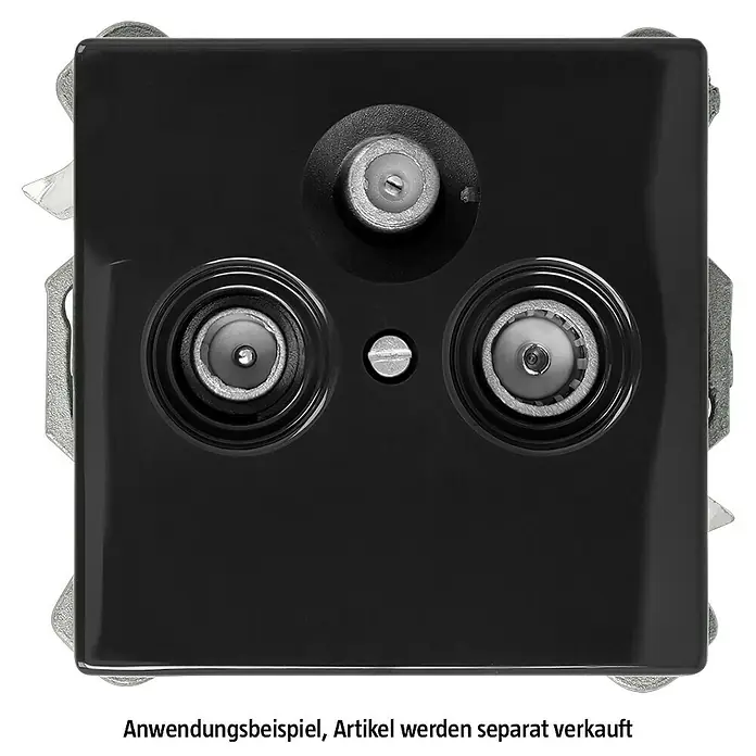 Antennendosen-Einsatz SATSD3P - 3-fach - Nahaufnahme einer schwarzen Antennensteckdose mit drei Anschlüssen für TV und Radio. Optimal für den Heimgebrauch.