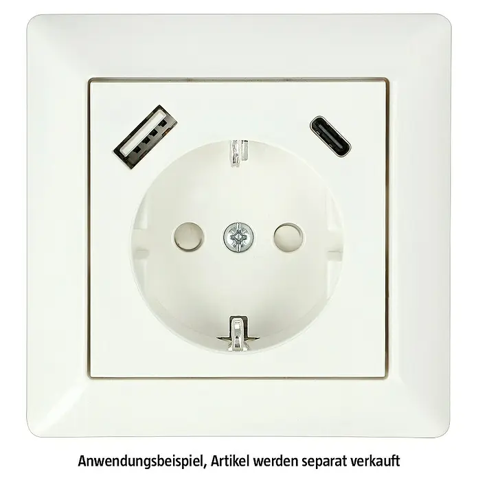 USB-Steckdose Typ A/C Standard - Erhöhter Berührungsschutz, Kunststoff, Unterputzmontage - Nahaufnahme einer weißen Steckdose mit USB- und USB-C-Anschlüssen, ideal für moderne Geräte und zur Stromversorgung im Haushalt.