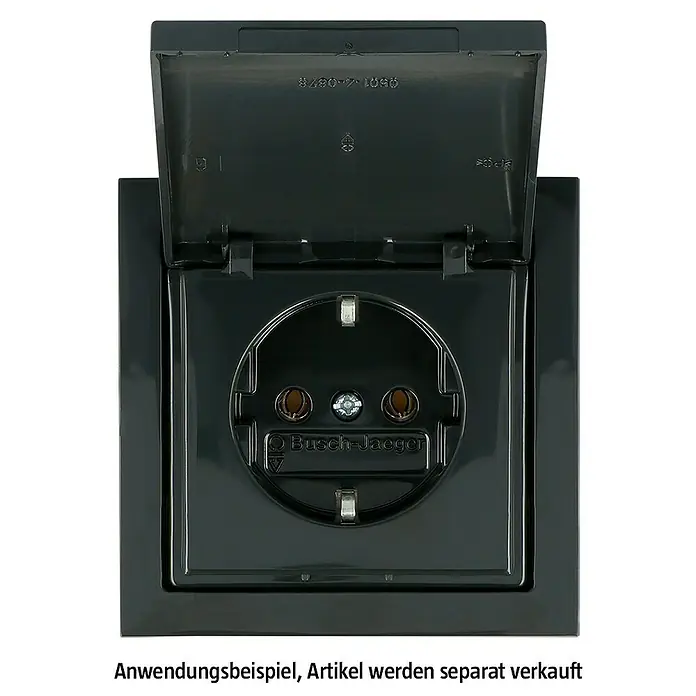 Busch-Jaeger Future Linear Klappdeckelsteckdose 20 EUK-81 - Anthrazit, 16 A, IP20 - Eine schwarze Busch-Jaeger-Steckdose mit geöffnetem Deckel, ideal für den Einsatz im Freien oder in feuchten Umgebungen.