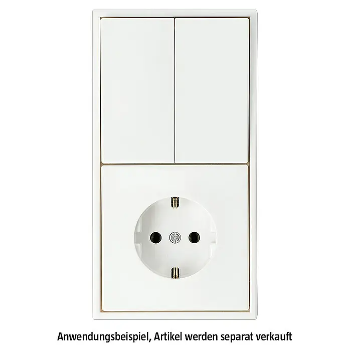 Jung LS 990 Abdeckrahmen LS982WW - Alpinweiß, 2-fach, Kunststoff - Nahaufnahme eines weißen Lichtschalters und einer Steckdose, die ein modernes und minimalistisches Design aufweisen.