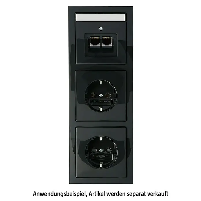 Busch-Jaeger Future Linear Abdeckrahmen 1723-181K - Anthrazit, 3-fach, Kunststoff - Schwarze Dreifachsteckdose von Busch-Jaeger mit zwei Schuko-Steckdosen und einem RJ45-Anschluss für Netzwerk.