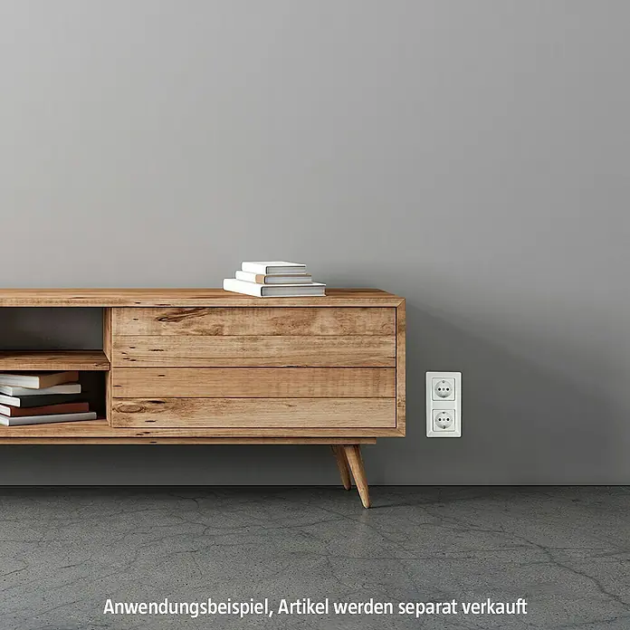 Voltomat MIKRO Steckdose - Alpinweiß, Kunststoff, 6 Stk. - Produktansicht eines Holzschranks mit zwei Steckdosen an der Wand, ein stilvolles und funktionelles Möbelstück.