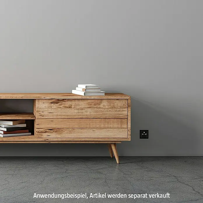 Antennendosen-Einsatz SATSD3P - 3-fach - Modernes Lowboard aus Holz mit Bücherstapel. Das Lowboard bietet Stauraum und Ablagefläche, ideal für Wohnzimmer.