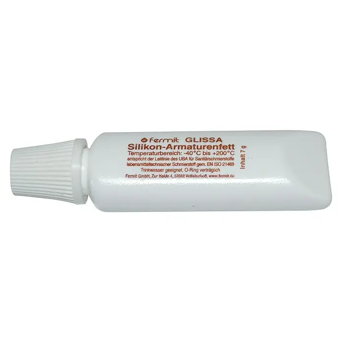 Armaturenfett - 7 g - Abbildung einer Tube Fermit Glissa Silikon-Armaturenfett, geeignet für Temperaturen von -40°C bis +200°C, mit einem Inhalt von 7 g.